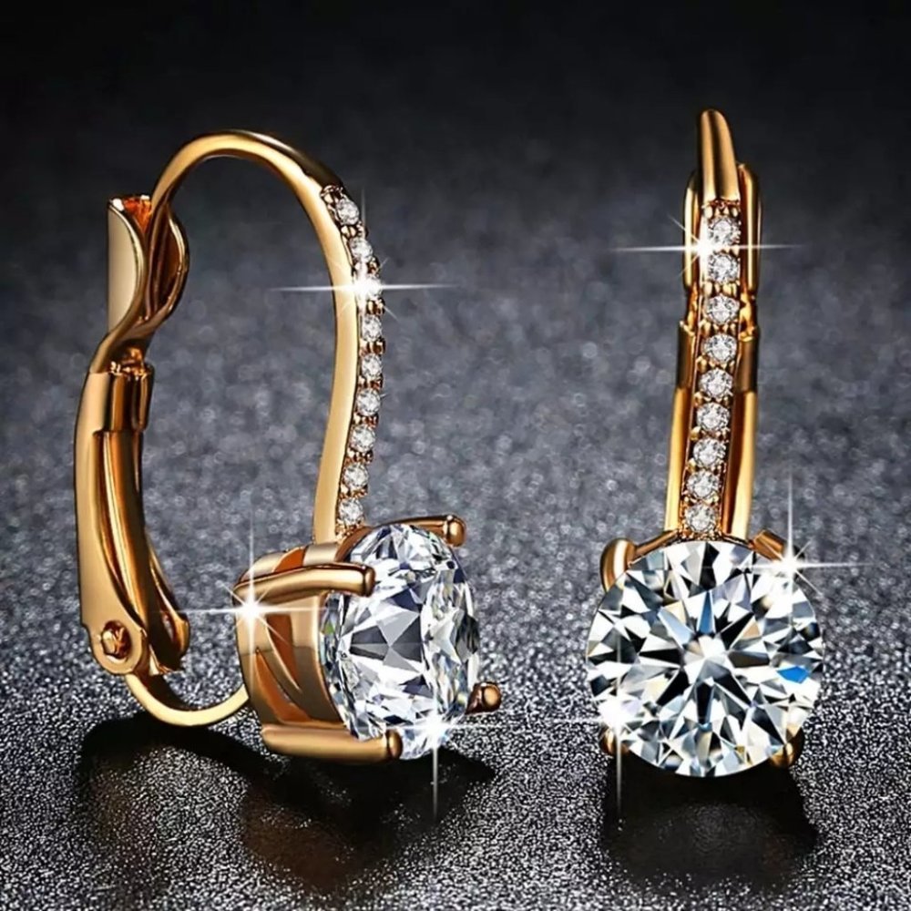 Yellow Gold Clear Brilliant AAA Zircon Clip Earrings - Picture 3 of 4